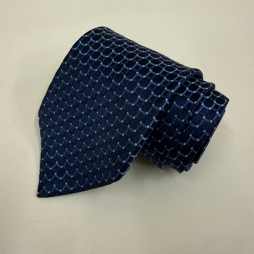 Ermenegildo Zegna Silk Tie Navy Blue Geometric Lattice Dot Made in Italy 3.5"